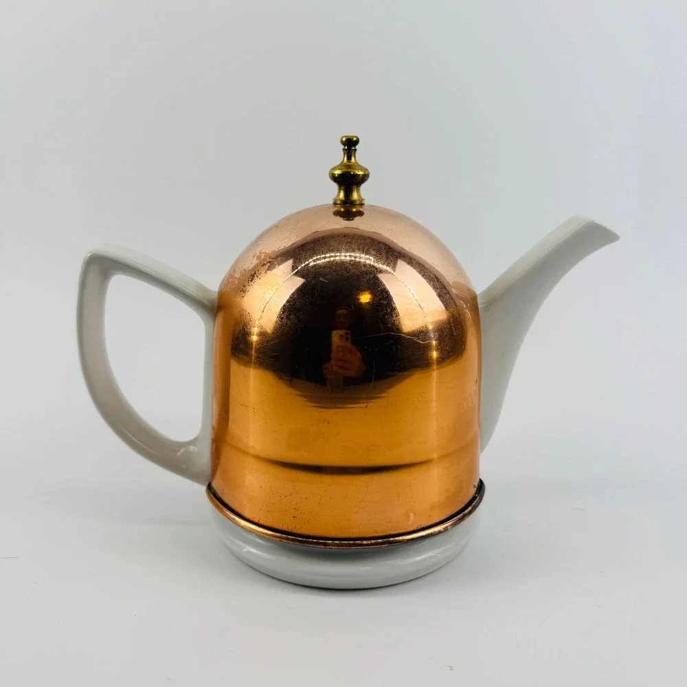 Vintage Copper Insulated Teapot White Ceramic Mid Century Tea Pot